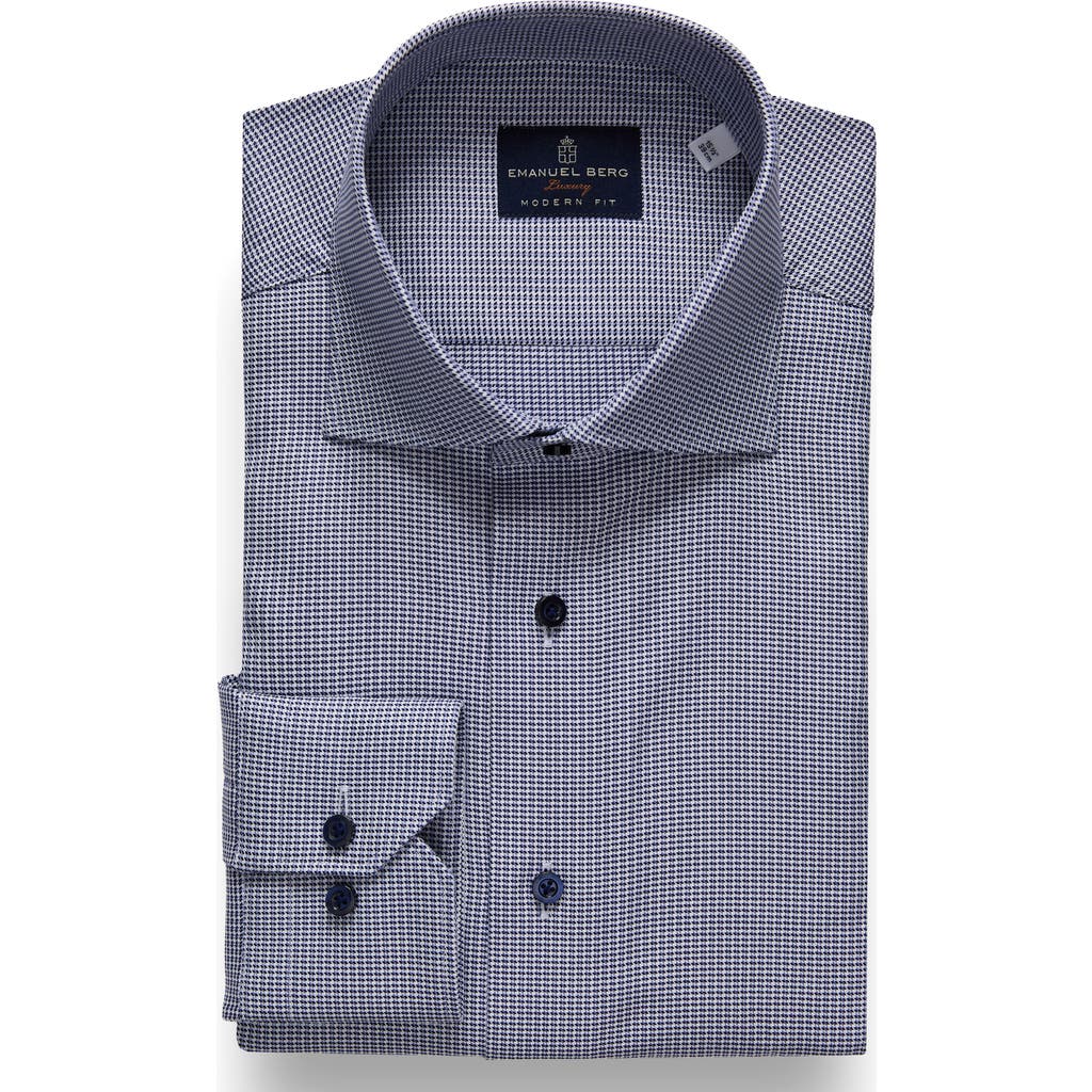 Emanuel Berg Modern Fit Houndstooth Natural Stretch Yoga Twill Dress Shirt in Navy  product