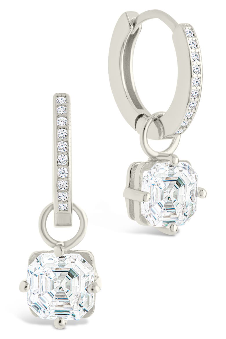Augusta Asscher Cubic Zirconia Drop Hoop Earrings, Main, color, SILVER