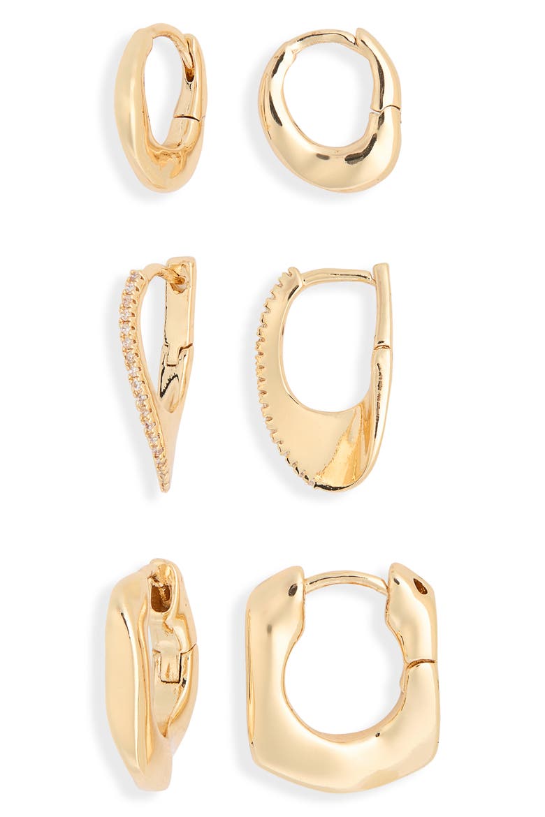 Set of 3 Cubic Zirconia Wavy Huggie Hoop Earrings, Alternate, color, CLEAR- GOLD