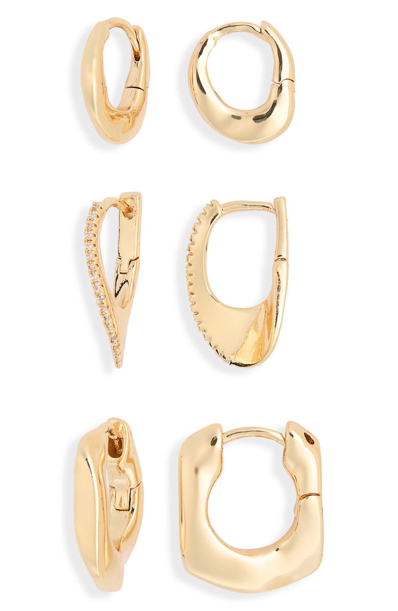 Leith Set of 3 Cubic Zirconia Wavy Huggie Hoop Earrings, Alternate, color, Clear- Gold