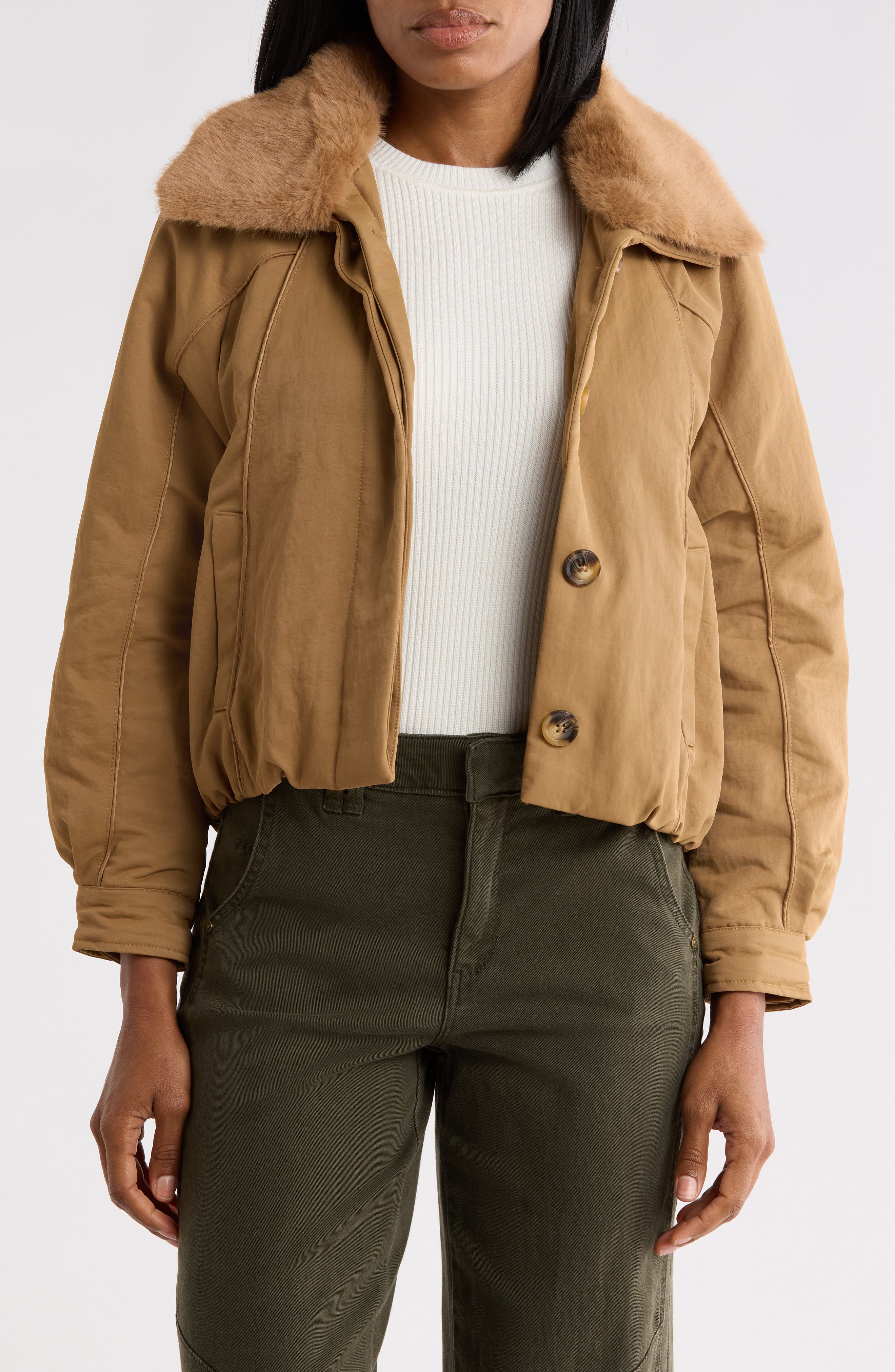Bomber Jacket with Removable Faux Fur Collar