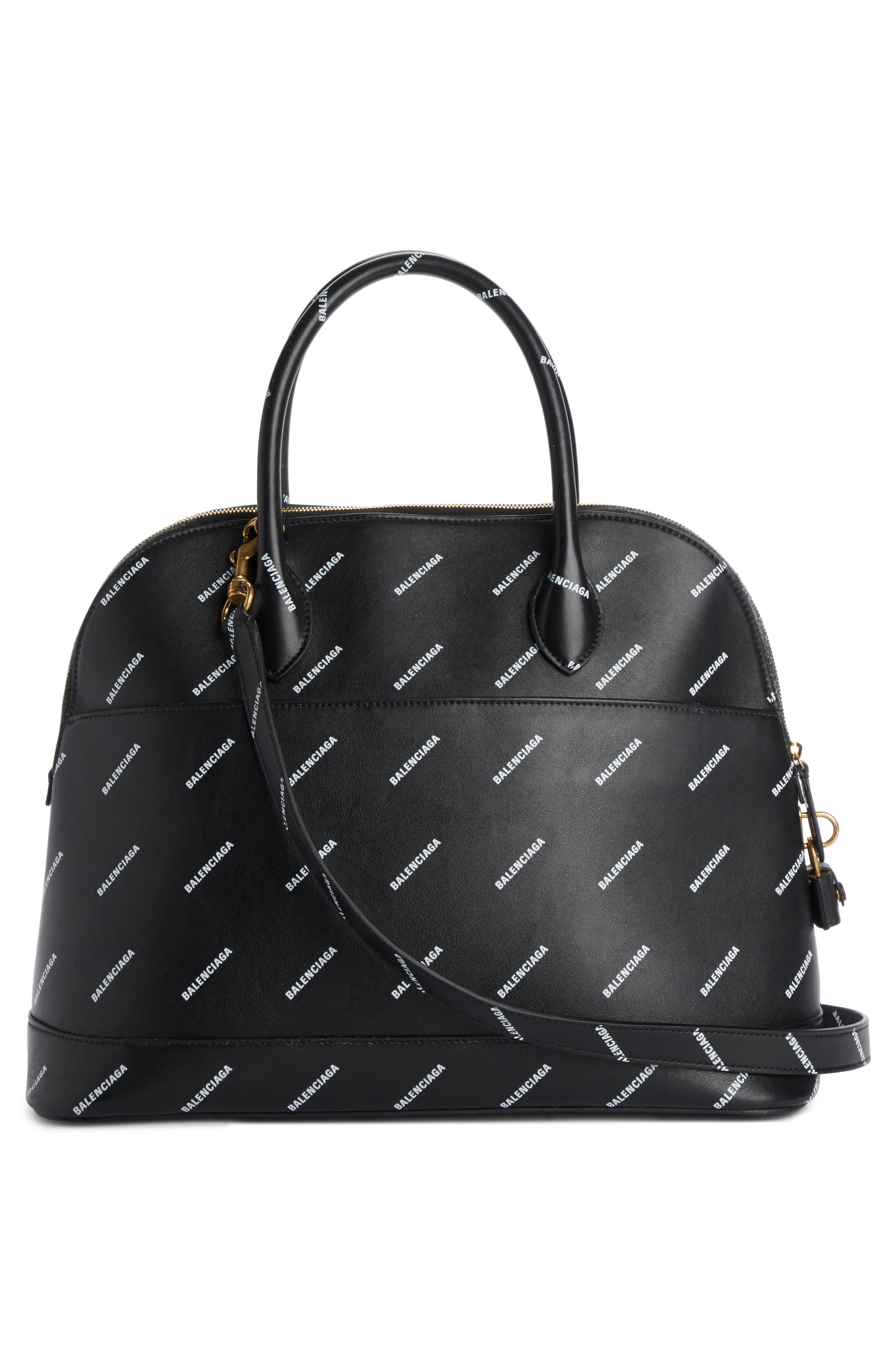 Balenciaga Allover Logo Leather Dome Satchel, Alternate, color, 
