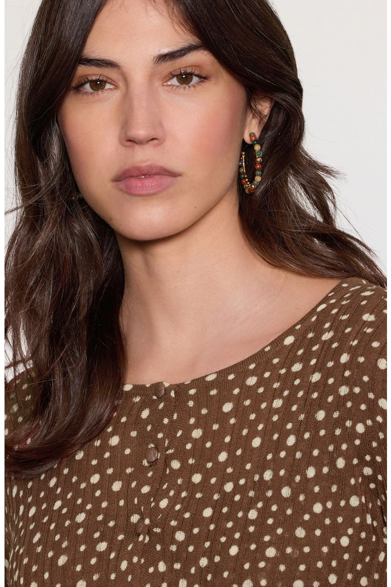 Spotty Button-Up Knit Top, Alternate, color, BROWN