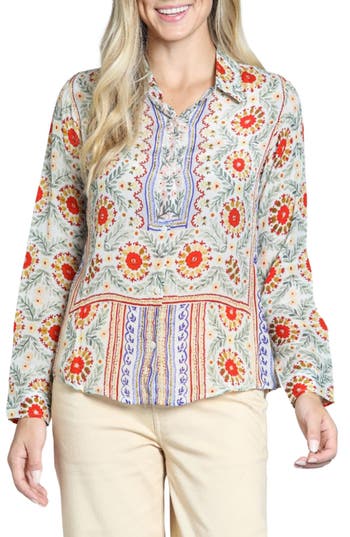 Apny Floral Print Roll Tab Sleeve Button-up Shirt In Orange/ Gold Multi