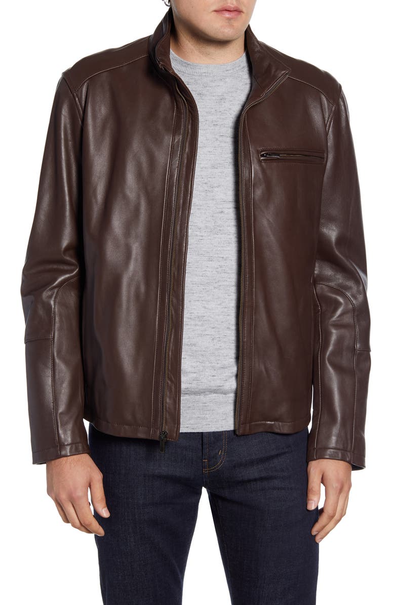 Cole Haan Lambskin Leather Moto Jacket, Alternate, color, Java