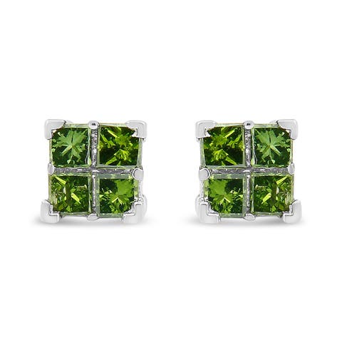 Silver 1/2 Ct Green Princess 4 Stone Composite Quad Stud Earring
