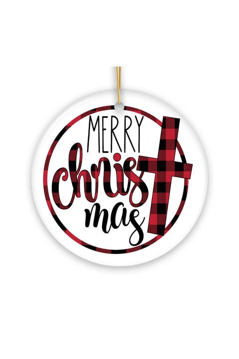 Buffalo Plaid Merry Christmas Cross Ceramic Ornament