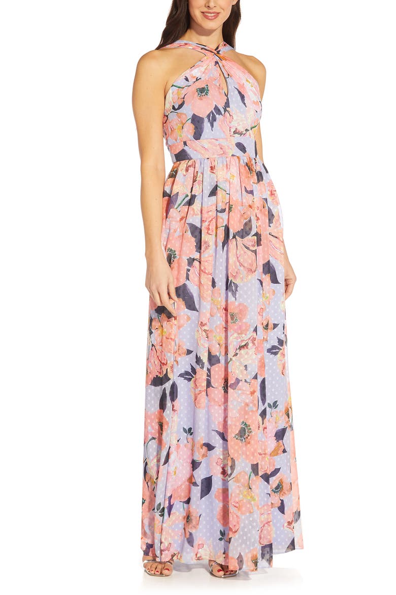 Floral Print Halter Chiffon Gown, Main, color, OPAL/ CORAL MULTI