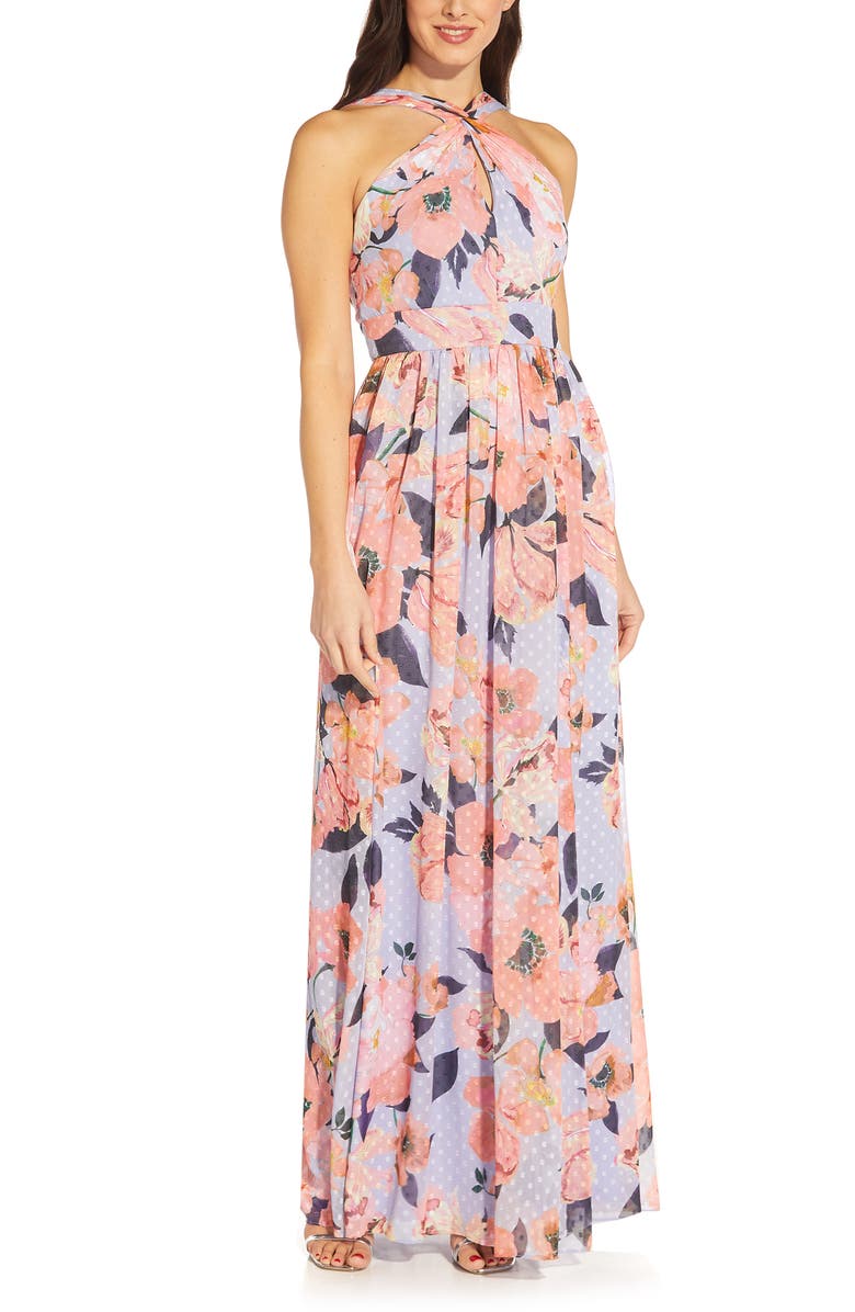 Adrianna Papell Floral Print Halter Chiffon Gown, Main, color, 