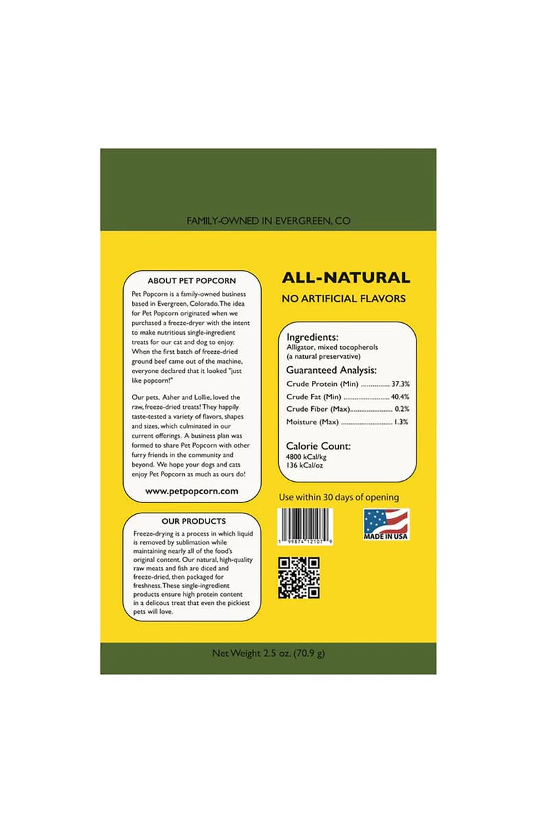 Pet Popcorn Freeze Dried Raw Treats, Alligator, 2.5oz Bag, Dog & Cat Snacks, Alternate, color, Multicolored