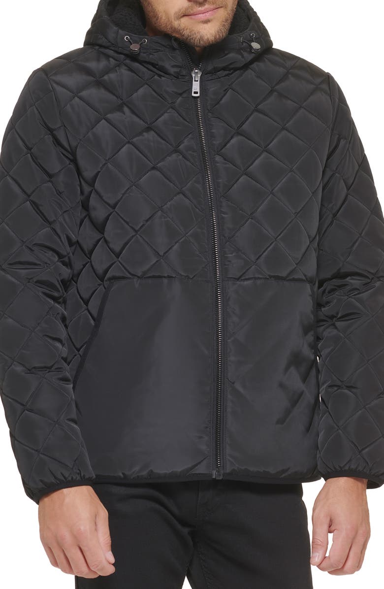 Kenneth Cole New York Faux Shearling Lined Hood Quilted Puffer Jacket, Alternate, color, Black