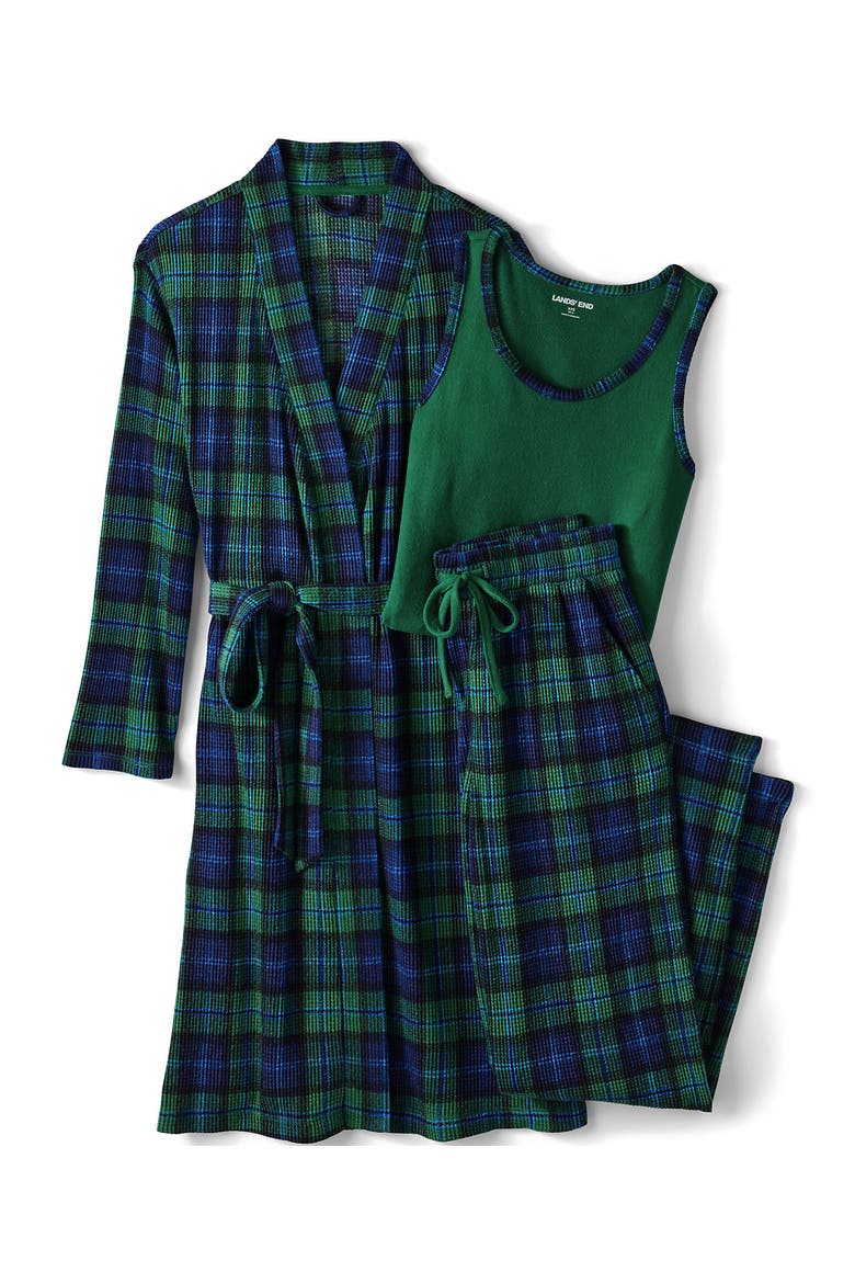 Plus Size Brushed Cozy Waffle Jersey 3 Piece Pajama Set - Tank Top Pant and Robe, Alternate, color, Light Emerald Blackwatch