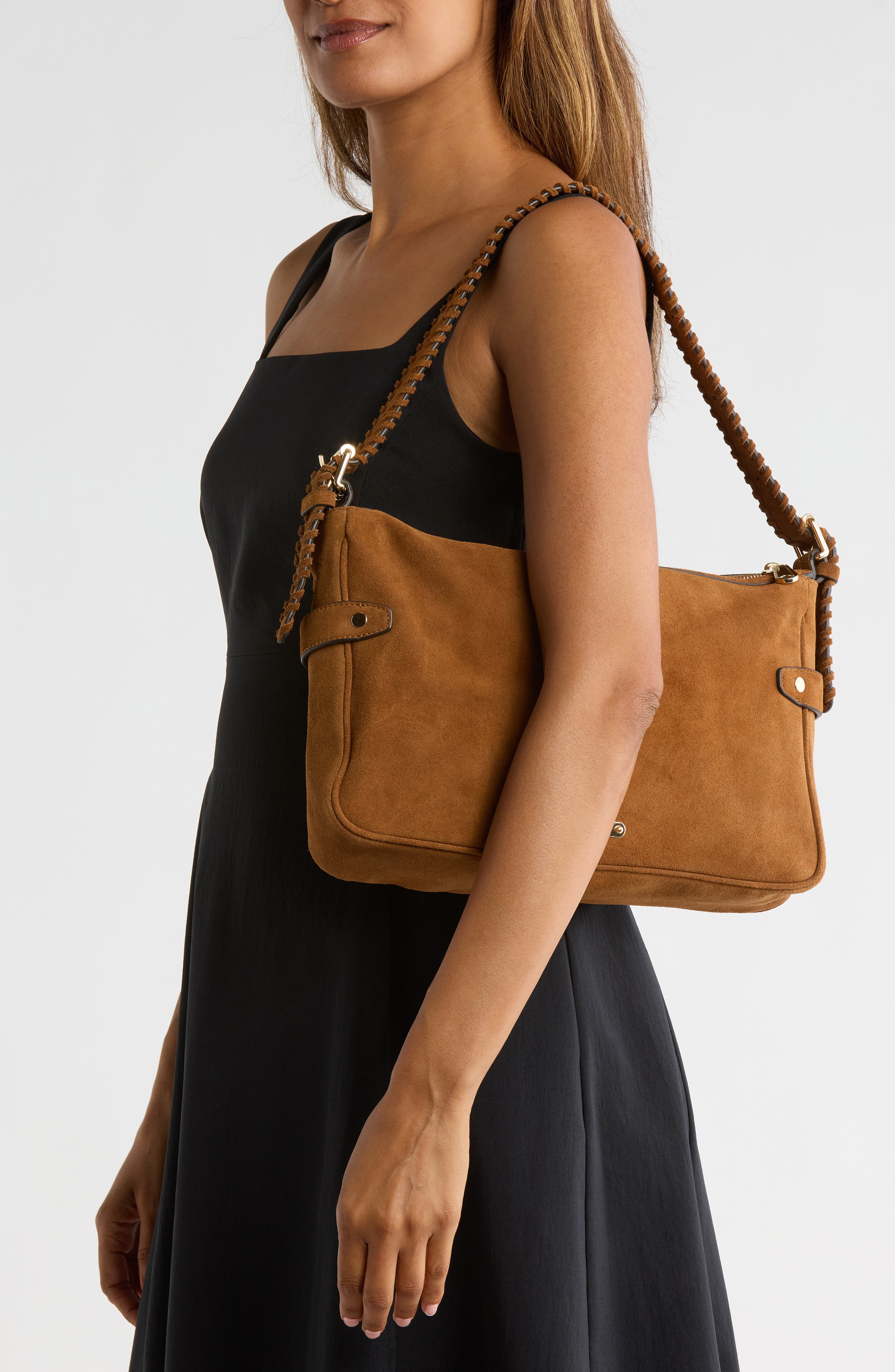 Rebecca Minkoff Chaya Whipstitch Suede Shoulder Bag, Alternate, color, Caramel