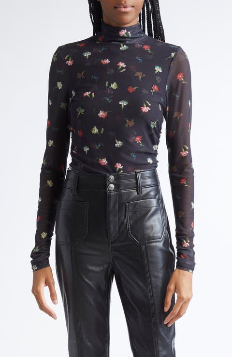 Floral Print Mesh Mock Neck Shirt