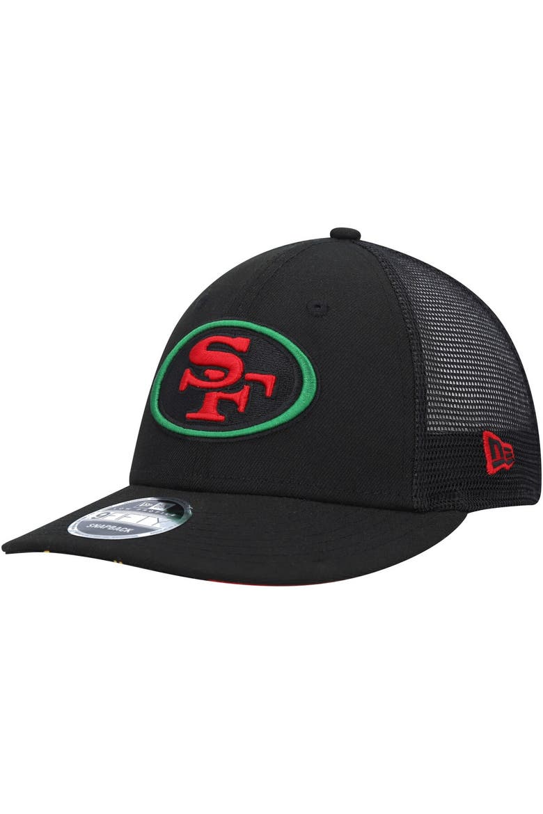 Men's New Era Black San Francisco 49ers Black Excellence Collection Trucker Low Profile 9FIFTY Snapback Hat, Main, color, Black