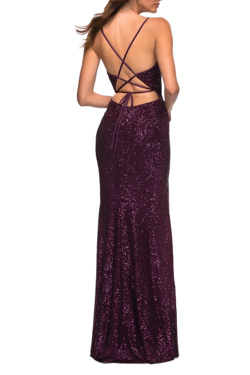 La Femme Sequin Long Prom Dress With Wrap Style Front In Dark Berry