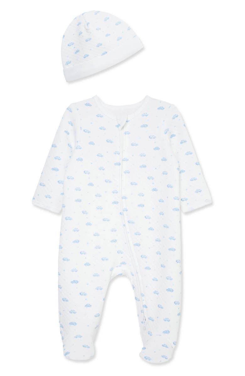 Little Me Cars Quilted Footie & Hat Set, Main, color, Blue