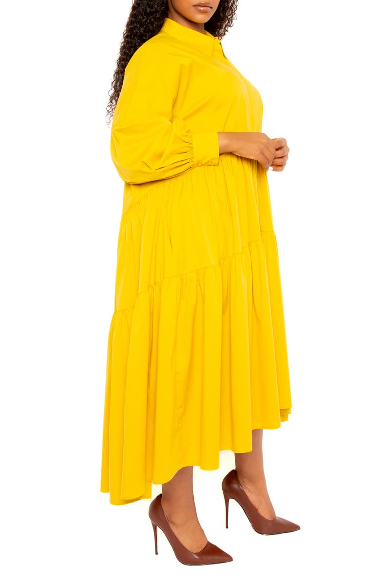 BUXOM COUTURE Long Sleeve Tiered Cotton Blend Shirtdress, Alternate, color, Mustard