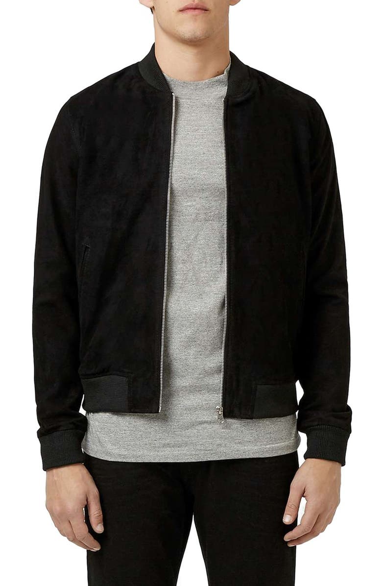 Topman Black Suede Bomber Jacket, Main, color, 