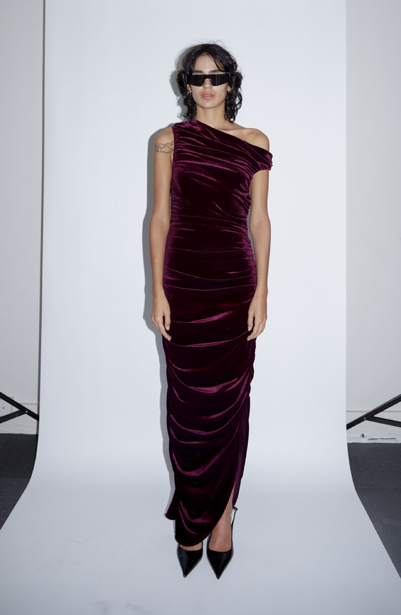SAEMDI Draped Velvet Dress, Alternate, color, Burgundy