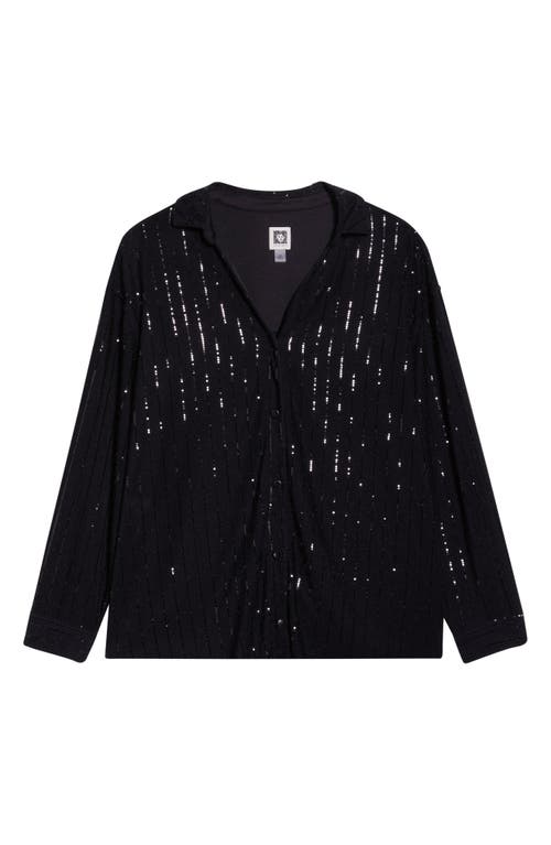 Anne Klein Plus Size Sequin Pinstripe Drop-shoulder Tunic Shirt In Black