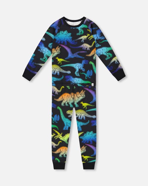 Deux Par Deux Two-piece Organic Cotton Pajama Set Dinosaur In Black