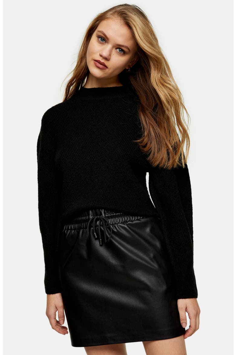 Drawstring Faux Leather Miniskirt, Alternate, color, BLACK