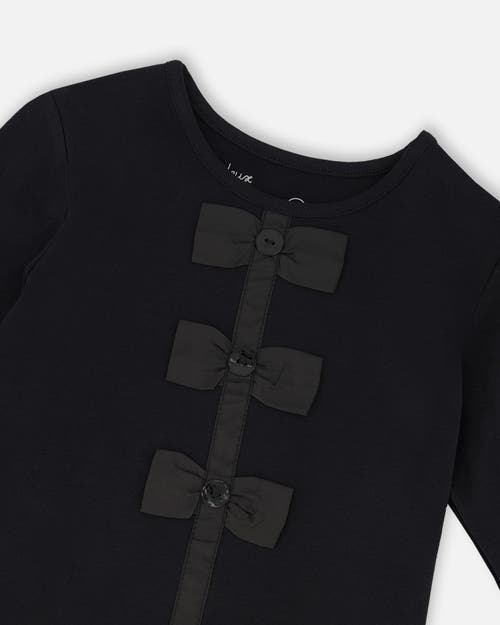 Deux Par Deux Long Sleeve Organic Cotton Jersey Bow Tee In Black