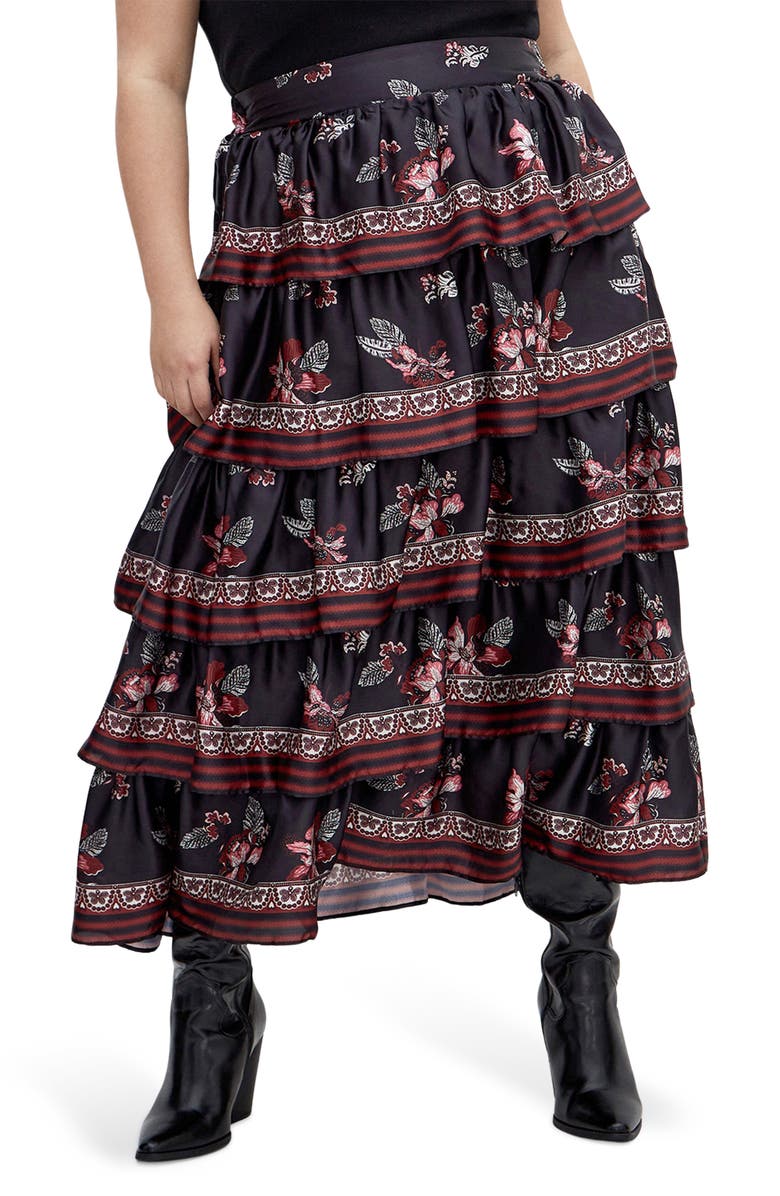 City Chic Drama Floral Ruffle Tiered Maxi Skirt, Main, color, Floral