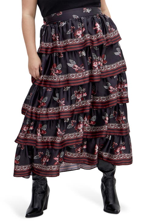 Drama Floral Ruffle Tiered Maxi Skirt (Plus)