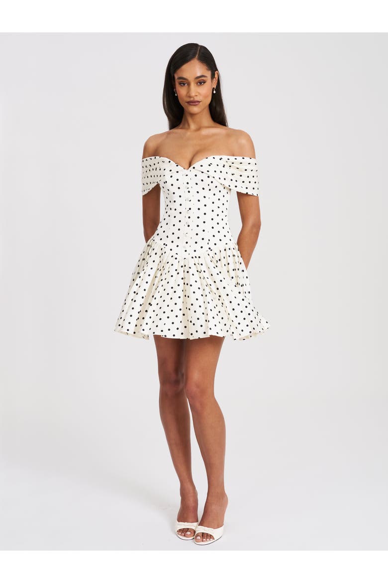 patchwork off shoulder pleated mini dress Edeline Polka Dot Off-shoulder Pleated Mini Dress (Women)