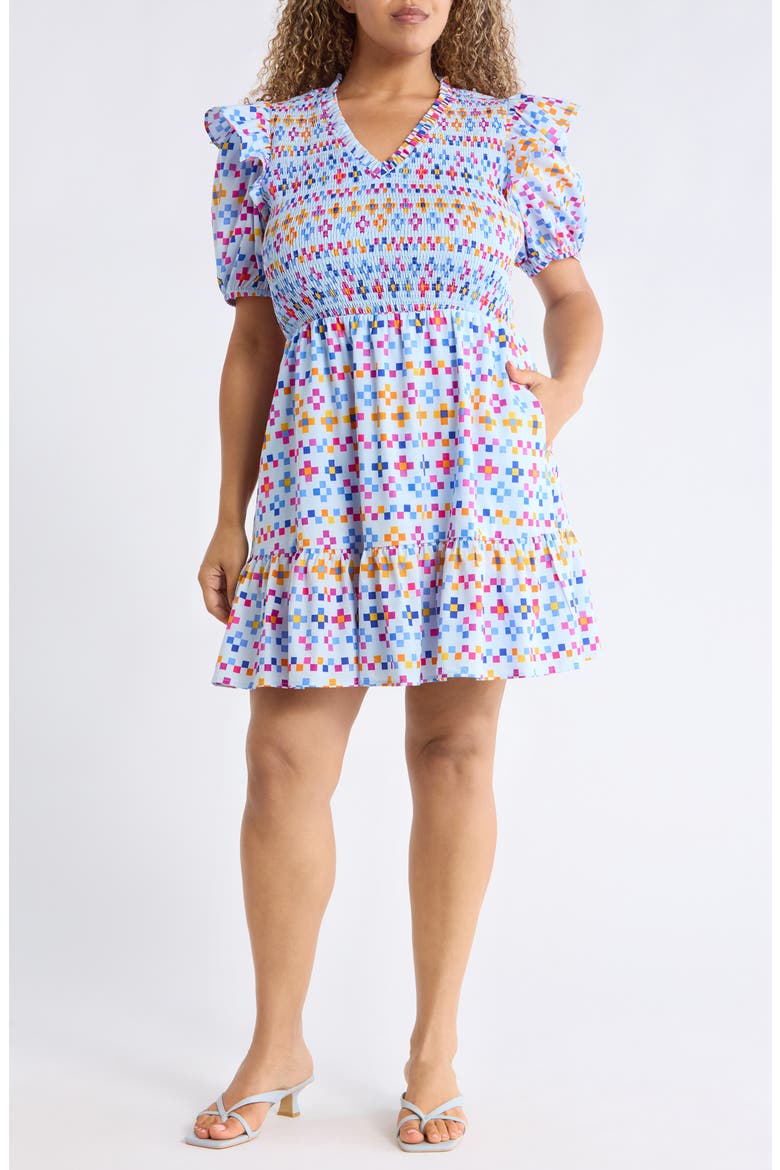 Kessa Geo Leones Smocked Minidress, Main, color, LT-BLUE-MULT