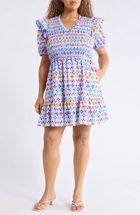 Kessa Geo Leones Smocked Minidress (Plus)
