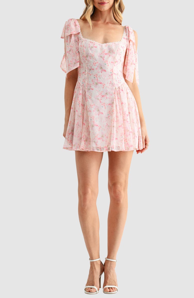 All in Favor Tie Shoulder Fit & Flare Minidress, Main, color, Pink Floral