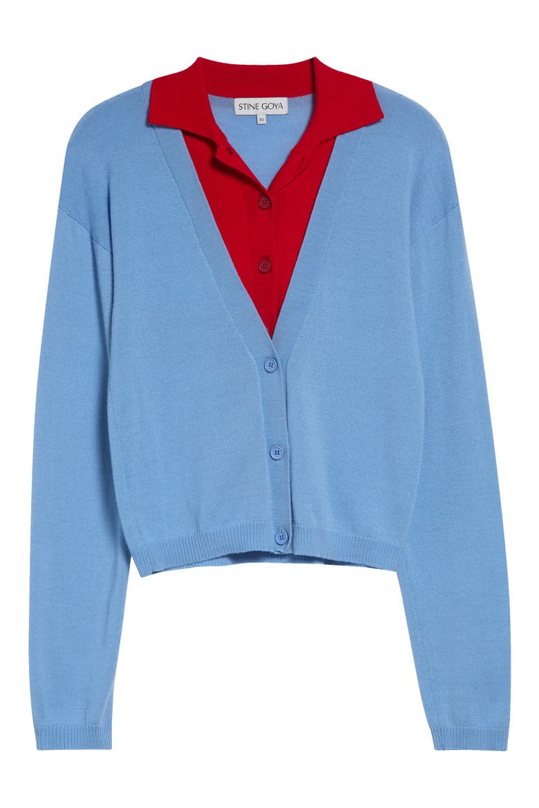 Layered Wool Cardigan, Alternate, color, SKY BLUE / FIERY RED