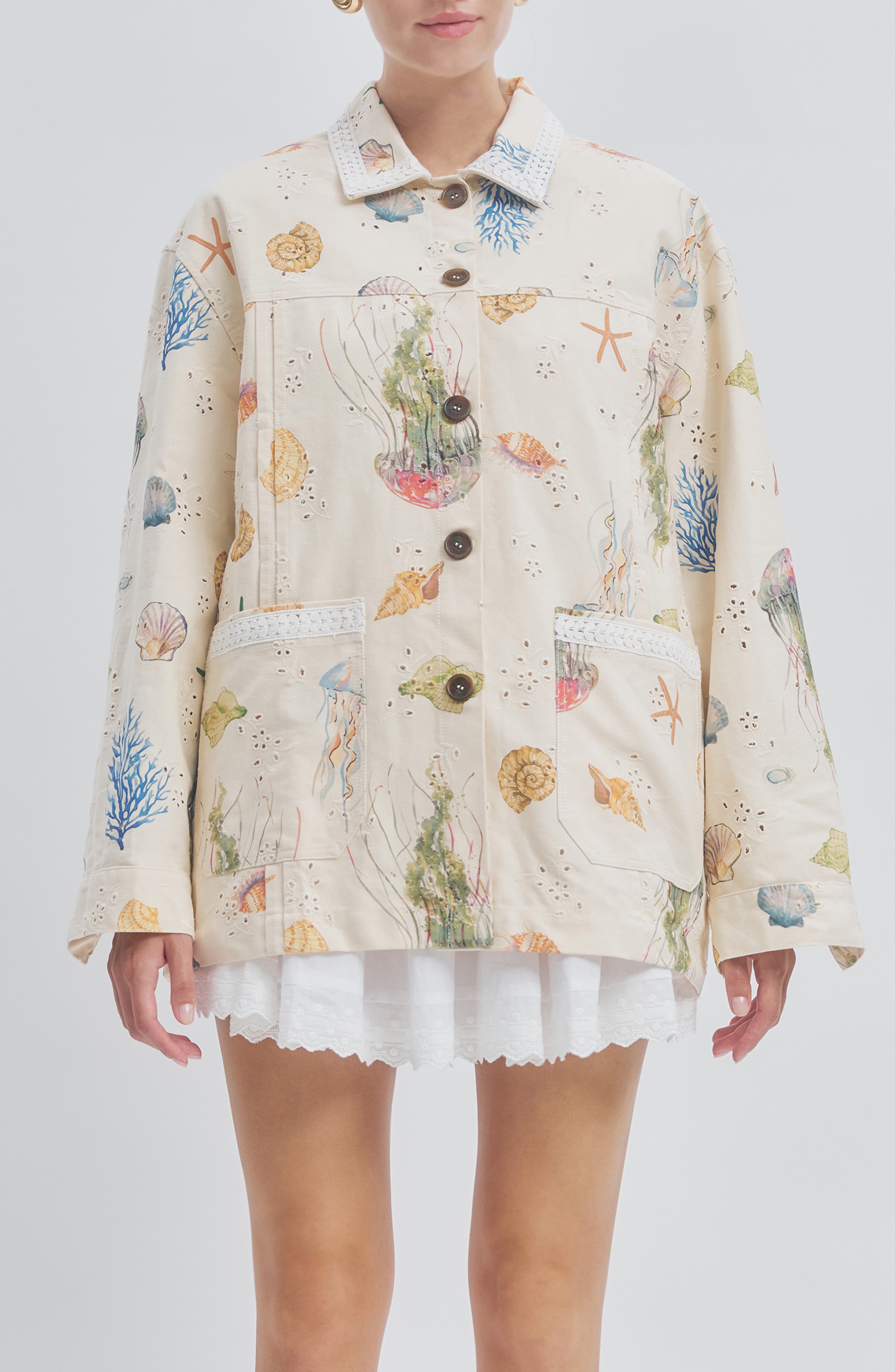 Женские куртки MAUDE CLUB Hayes Sea Life Print Cotton Eyelet Jacket
