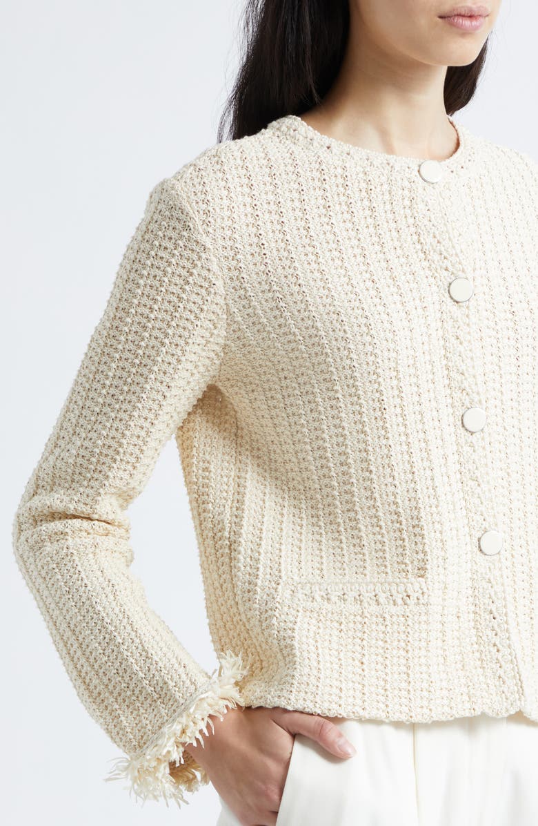 Emporio Armani Fringe Cotton Blend Cardigan, Alternate, color, Ivory