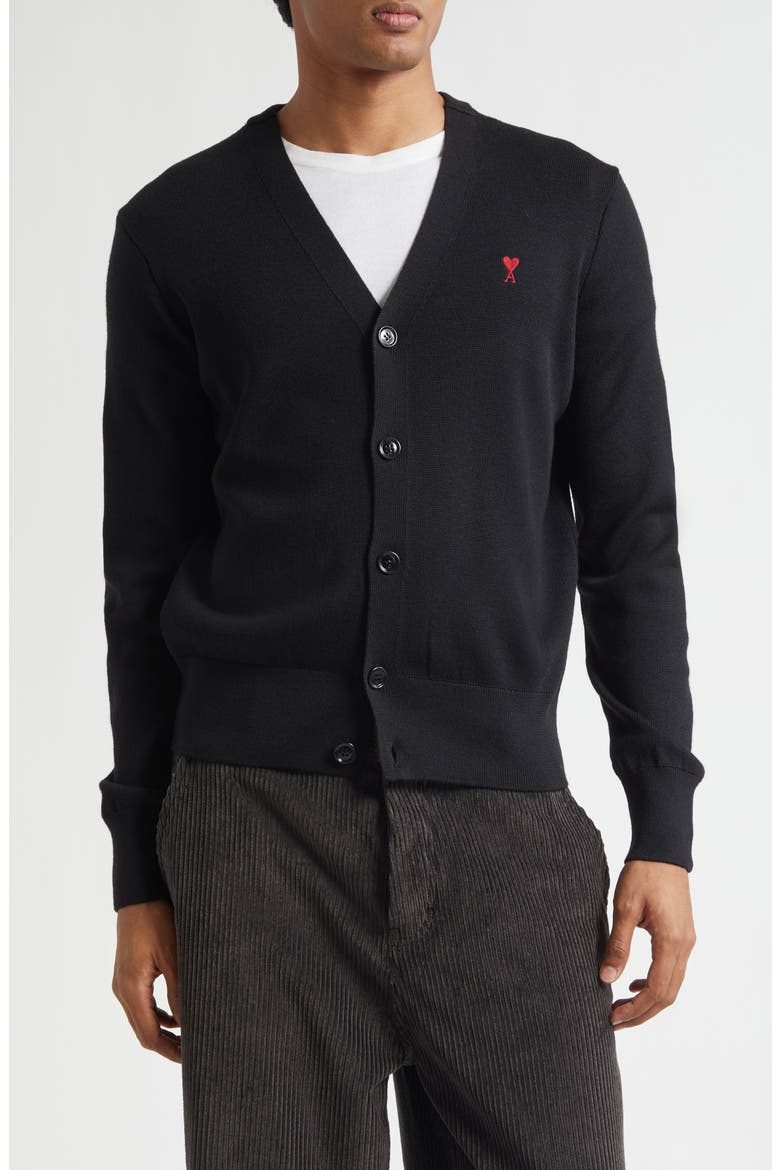 Ami de Coeur Patch Merino Wool Cardigan, Main, color, NOIR/ ROUGE