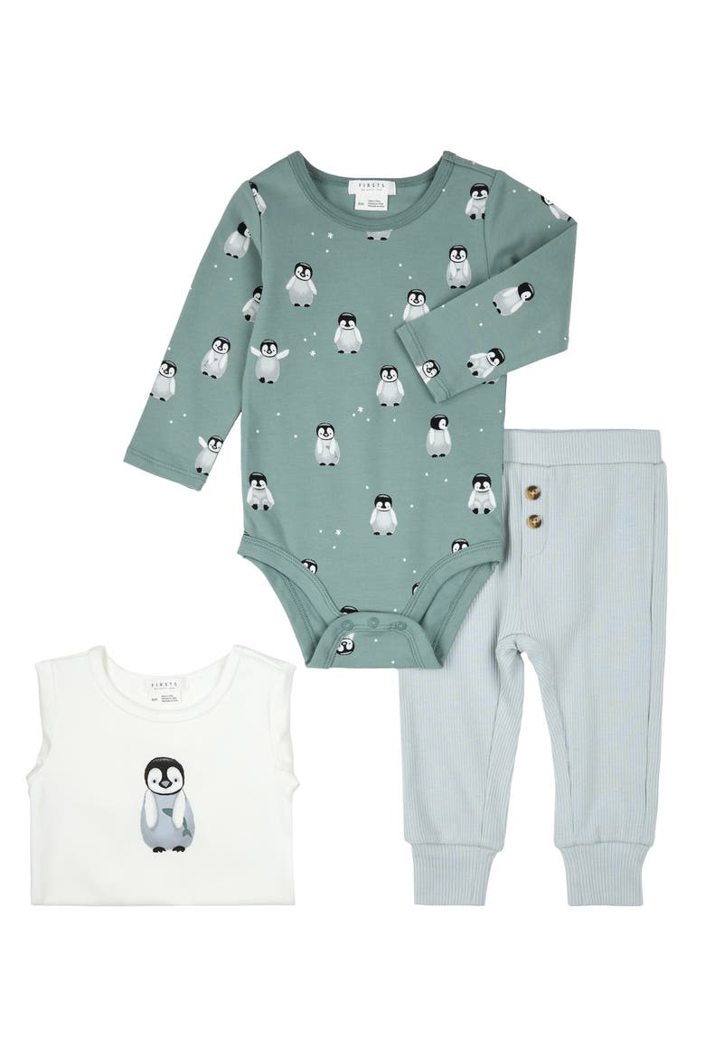 Baby Penguin Print 3-Piece Bodysuits & Rib Joggers Set, Main, color, OWH-OFF WHITE
