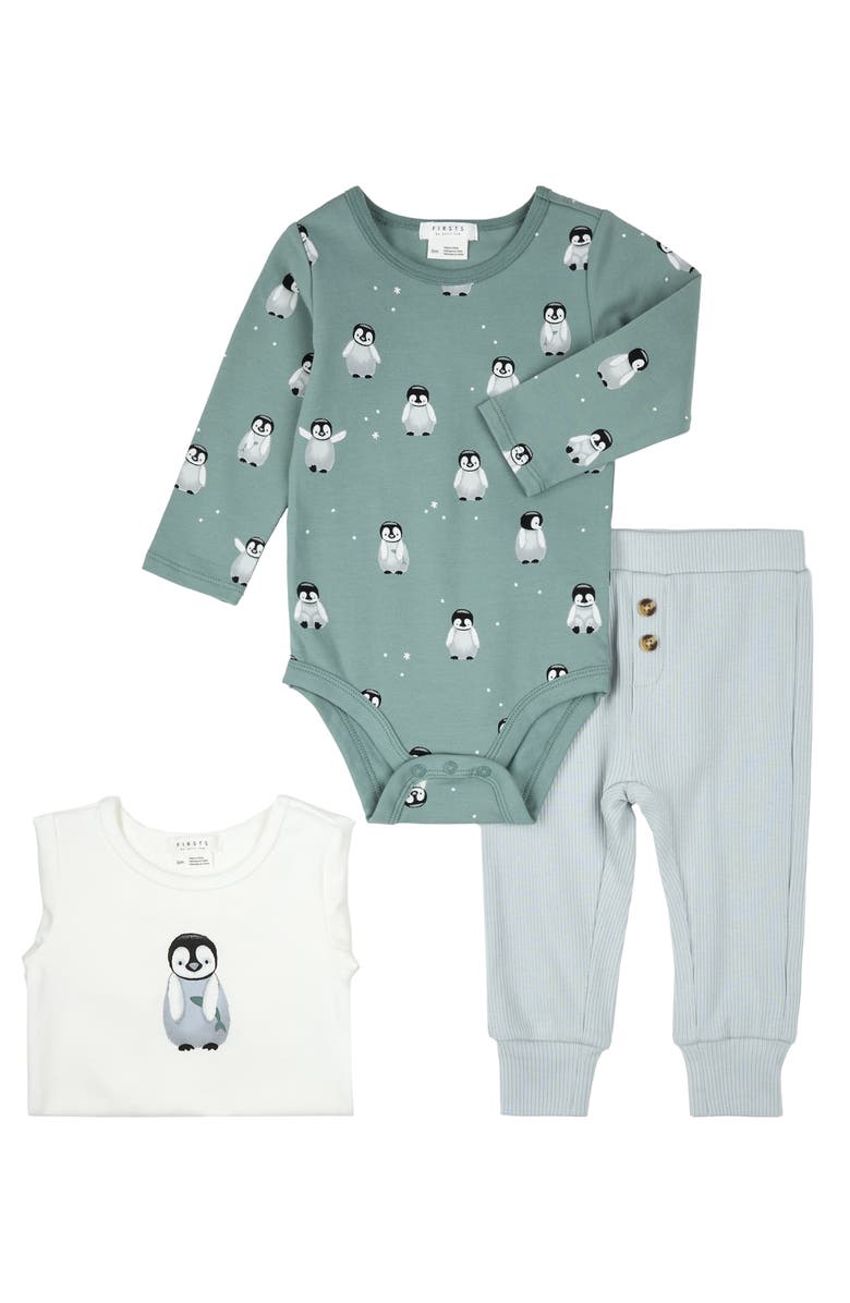 FIRSTS by Petit Lem Baby Penguin Print 3-Piece Bodysuits & Rib Joggers Set, Main, color, Green/ Blue/ Off White