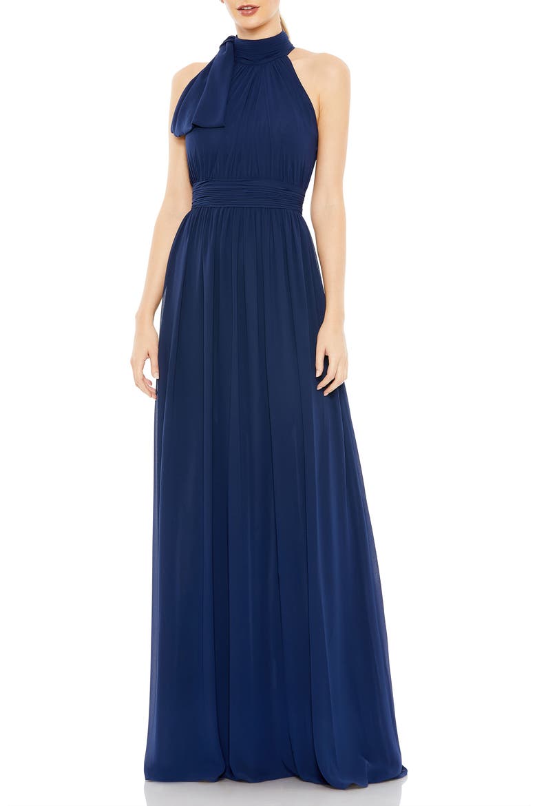 A Line Chiffon Halter Neck Evening Gown, Main, color, Midnight