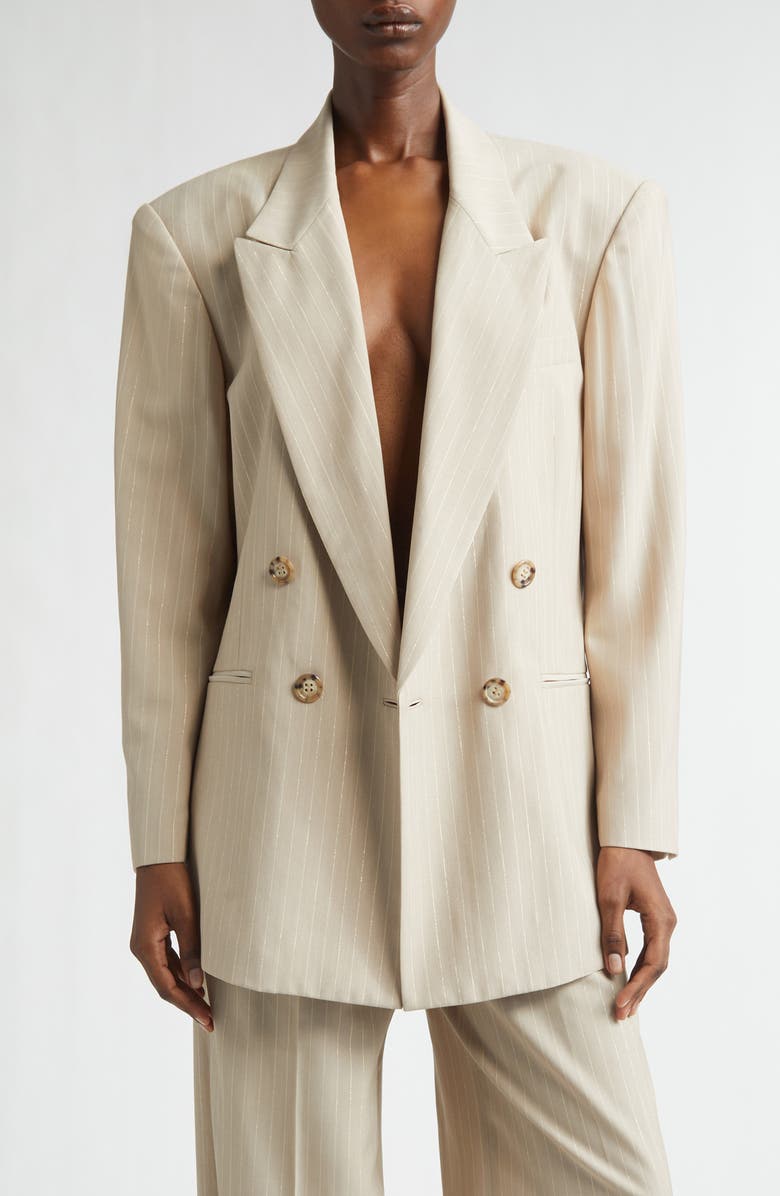 LaQuan Smith Shimmer Pinstripe Double Breasted Jacket, Main, color, Sand