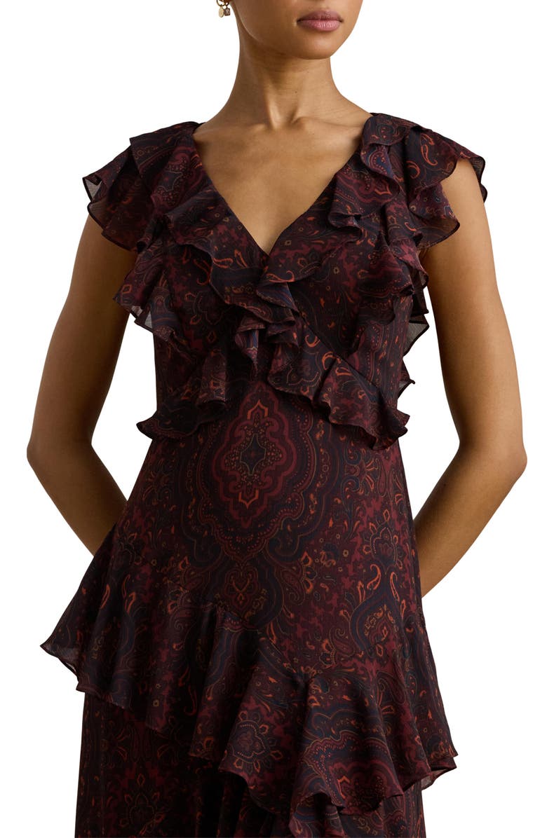 Lauren Ralph Lauren Paisley Tiered Ruffle Trim Gown, Alternate, color, Dark Garnet Multi
