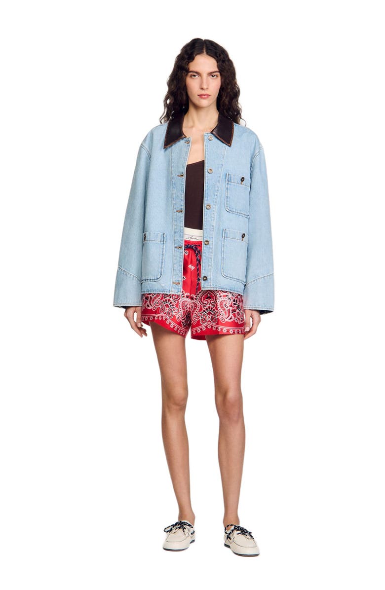 SANDRO Denim jacket with leather collar, Alternate, color,