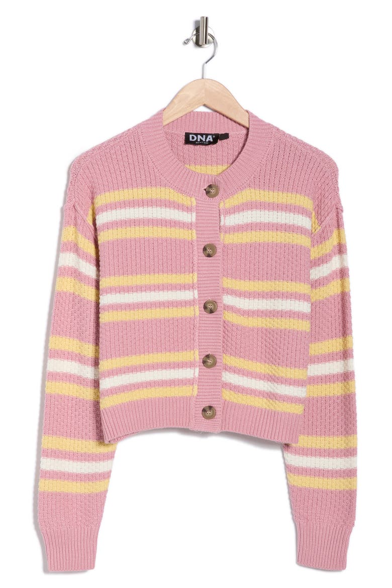 Stripe Button Front Cotton Blend Crop Cardigan, Alternate, color, PETAL PINK