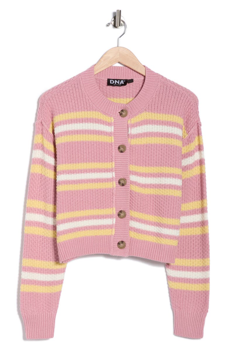 INTERNATIONAL DESIGNER Stripe Button Front Cotton Blend Crop Cardigan, Main, color, Petal Pink