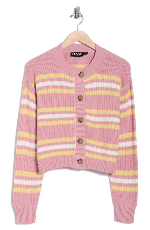 Stripe Button Front Cotton Blend Crop Cardigan