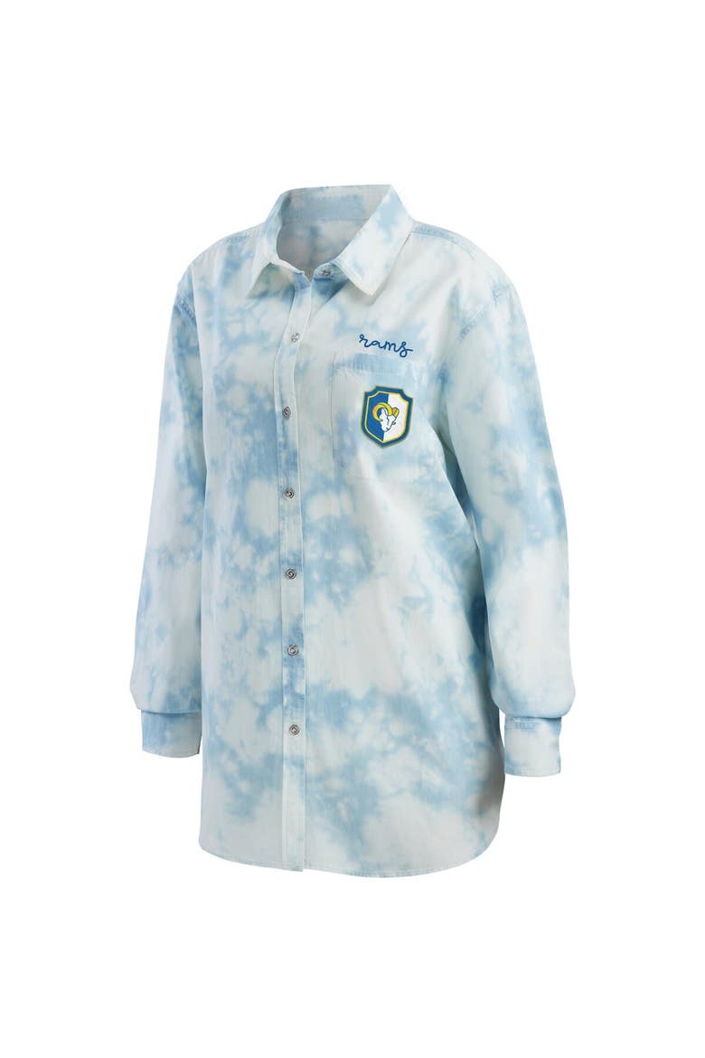 Women's WEAR by Erin Andrews Denim Los Angeles Rams Chambray Acid-Washed Long Sleeve Button-Up Shirt, Alternate, color, Denim