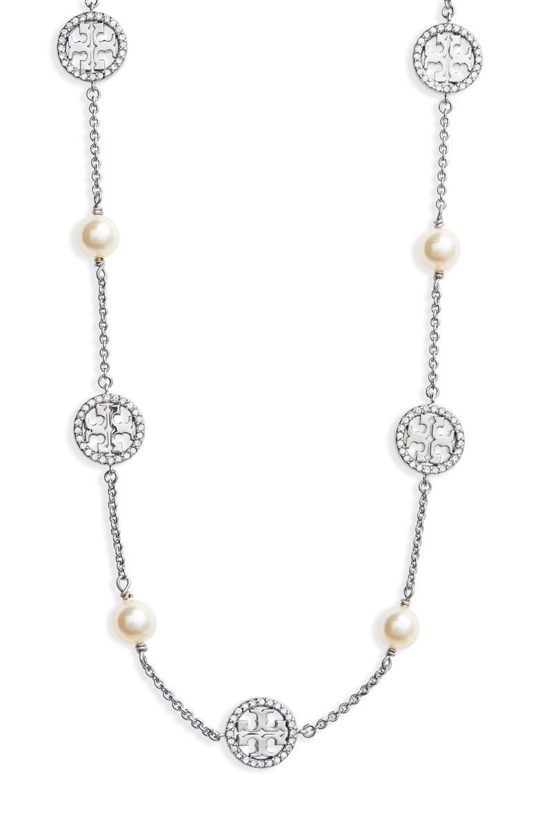 Tory Burch Crystal & Imitation Pearl Necklace, Main, color, 