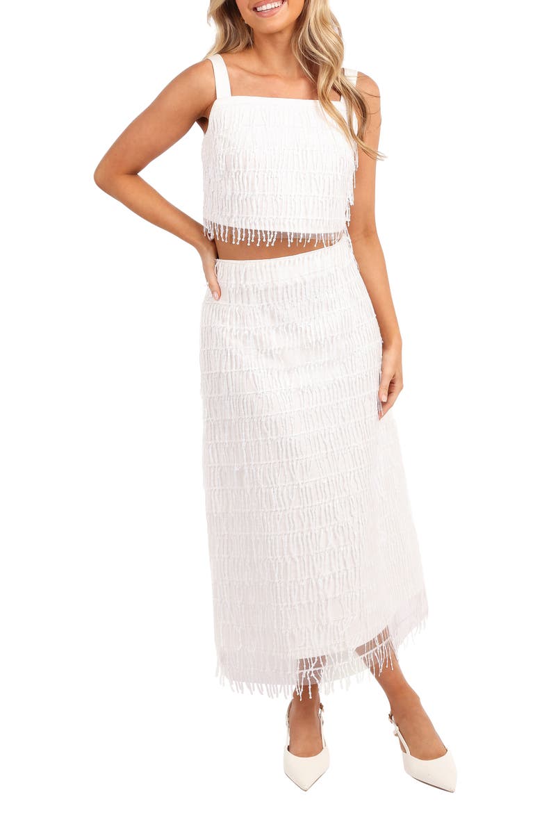 Allure Sequin Tassel Crop Top & Skirt Set, Main, color, WHITE